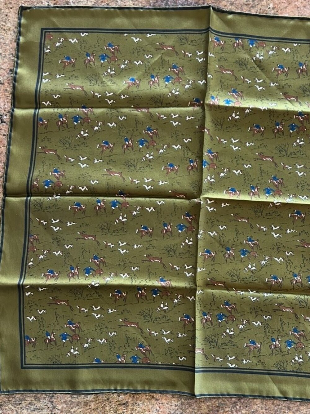 Vintage All Silk Pocket Square Handkerchief Made in Italy with Hunting Scene Grn